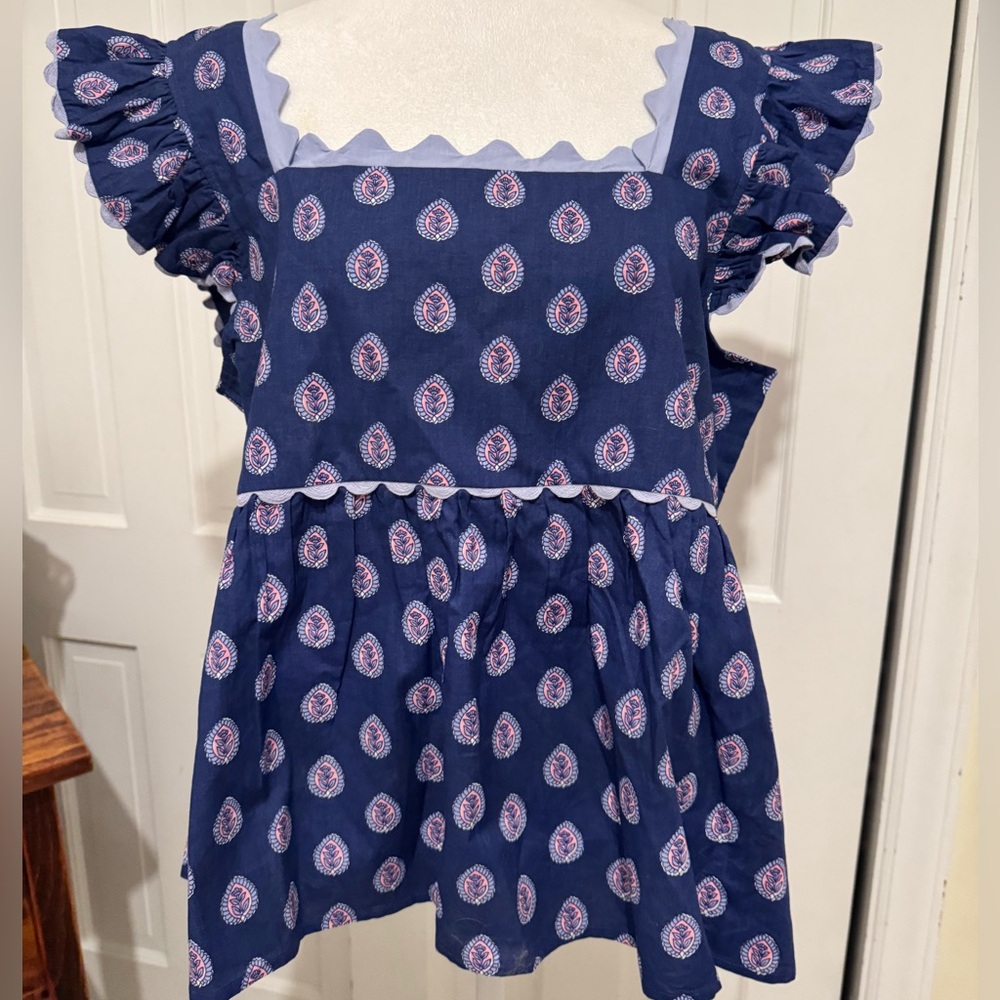 Printfresh 100% Organic Cotton Square Neck Top NWT Sz L Blue w/ Blockprint